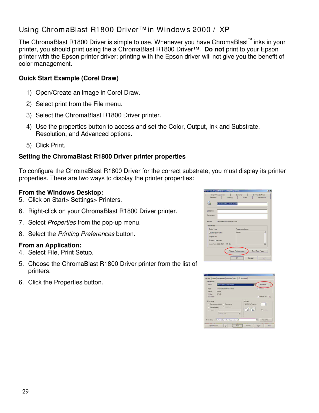 Epson manual Using ChromaBlast R1800 Driver in Windows 2000 / XP, Quick Start Example Corel Draw 