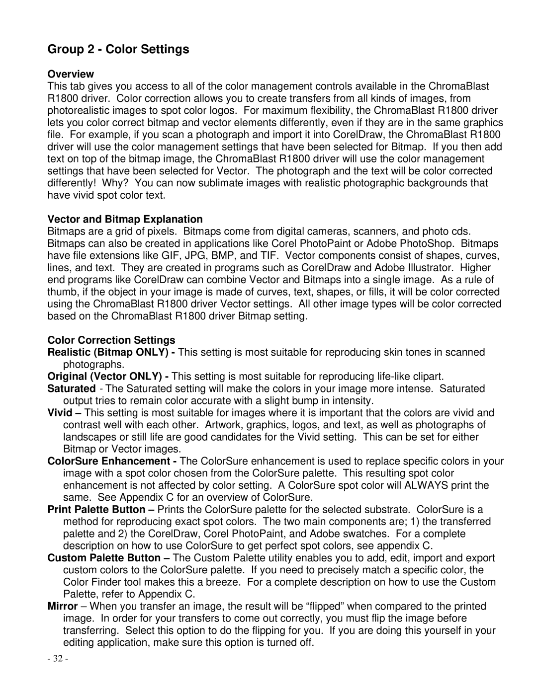 Epson R1800 manual Group 2 Color Settings, Overview, Vector and Bitmap Explanation, Color Correction Settings 