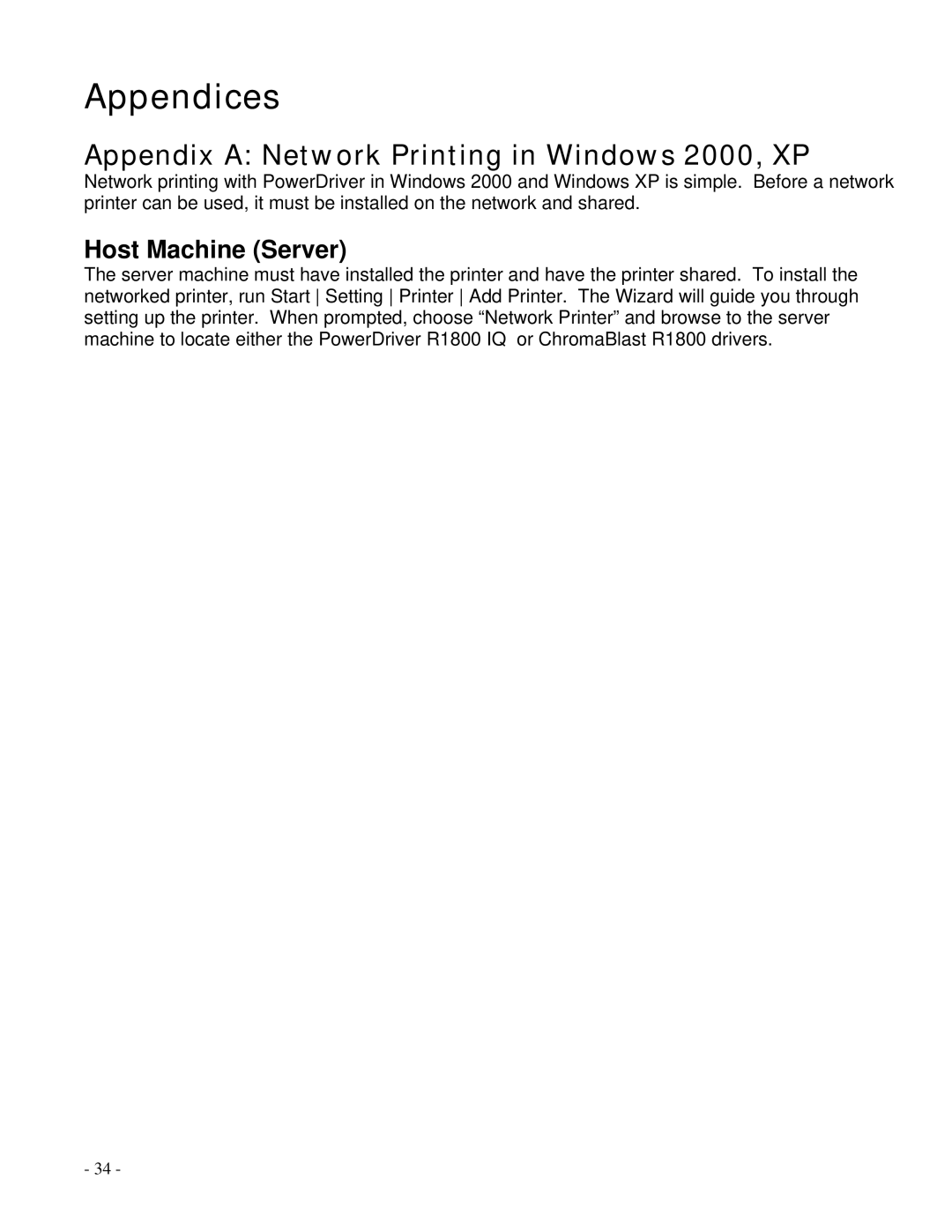 Epson R1800 manual Appendices, Appendix a Network Printing in Windows 2000, XP 