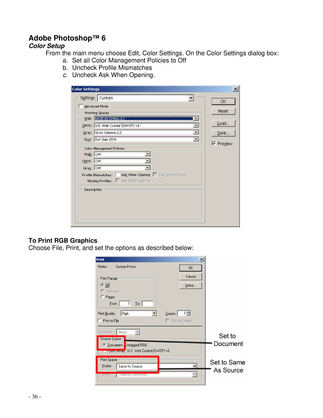 Epson R1800 manual Adobe Photoshop, To Print RGB Graphics 