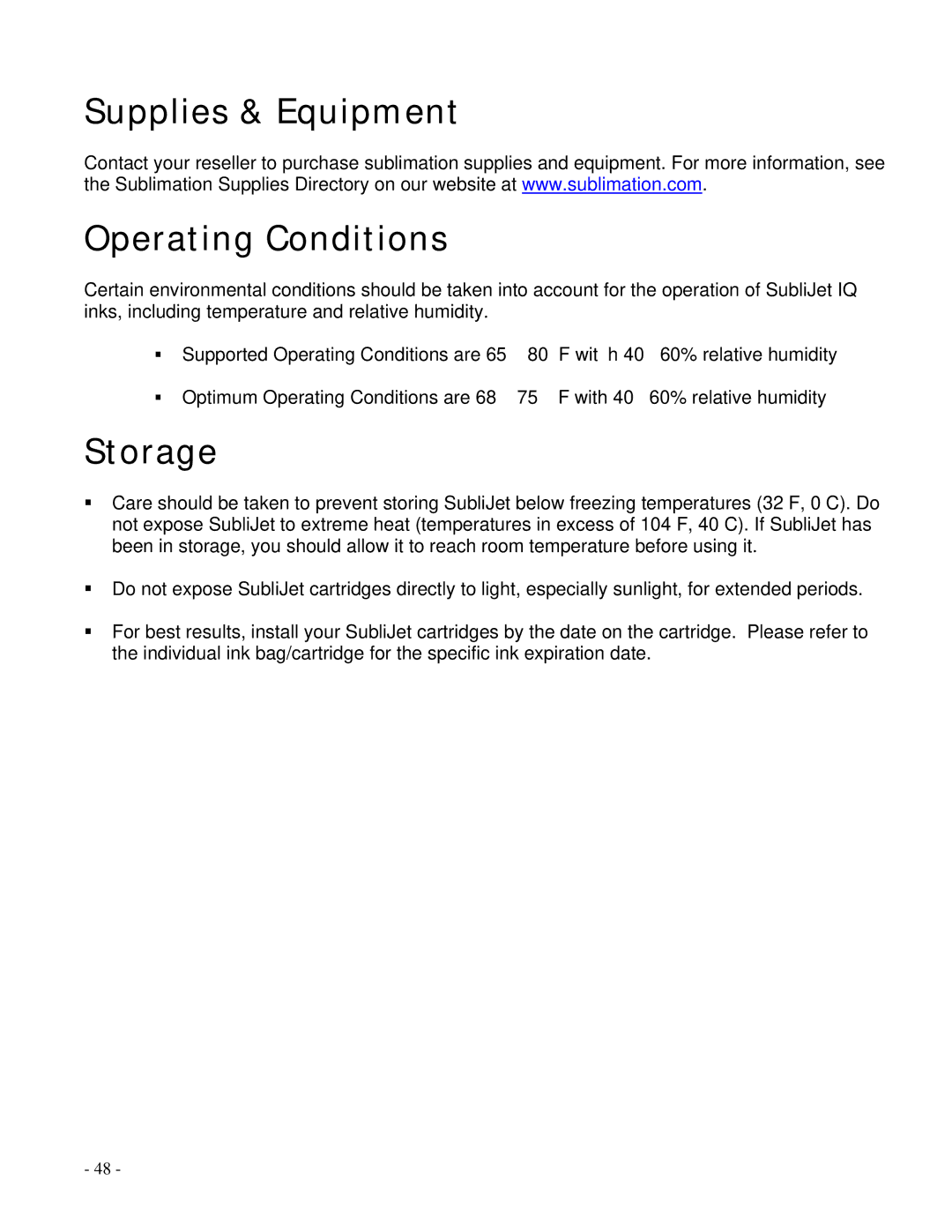 Epson R1800 manual Supplies & Equipment Operating Conditions, Storage 