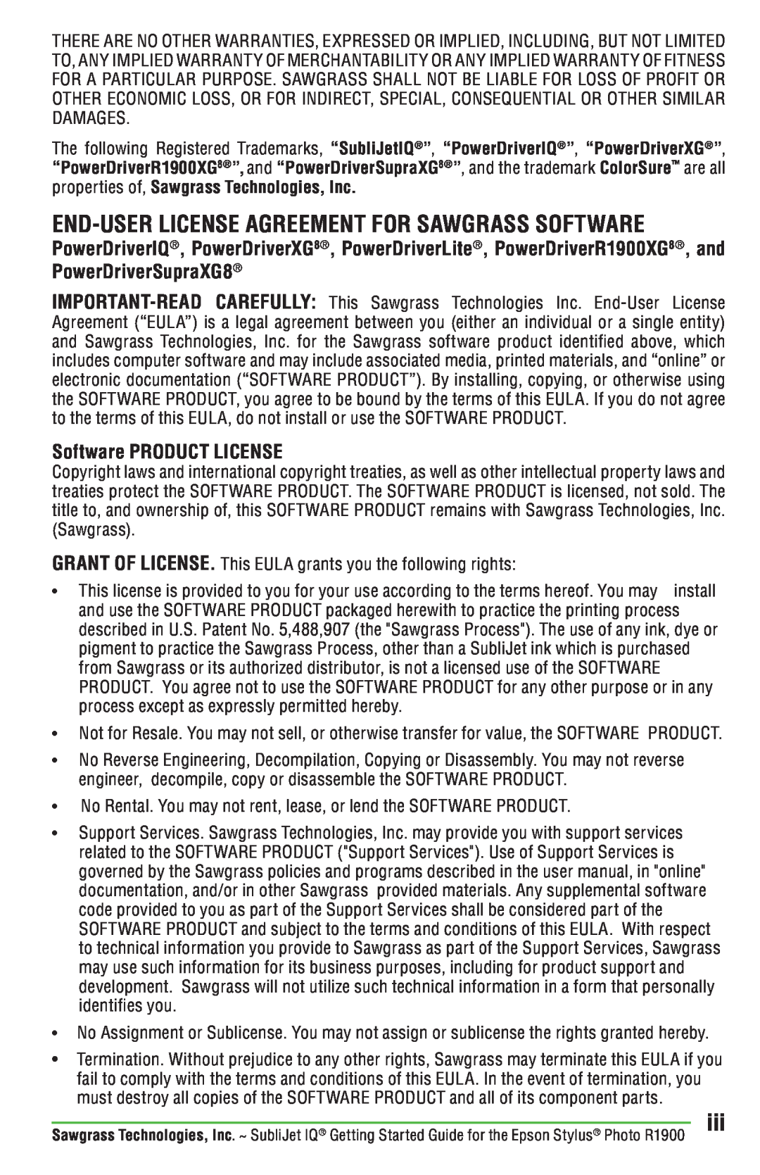 Epson R1900 manual End-User License Agreement For Sawgrass Software, Software PRODUCT LICENSE 