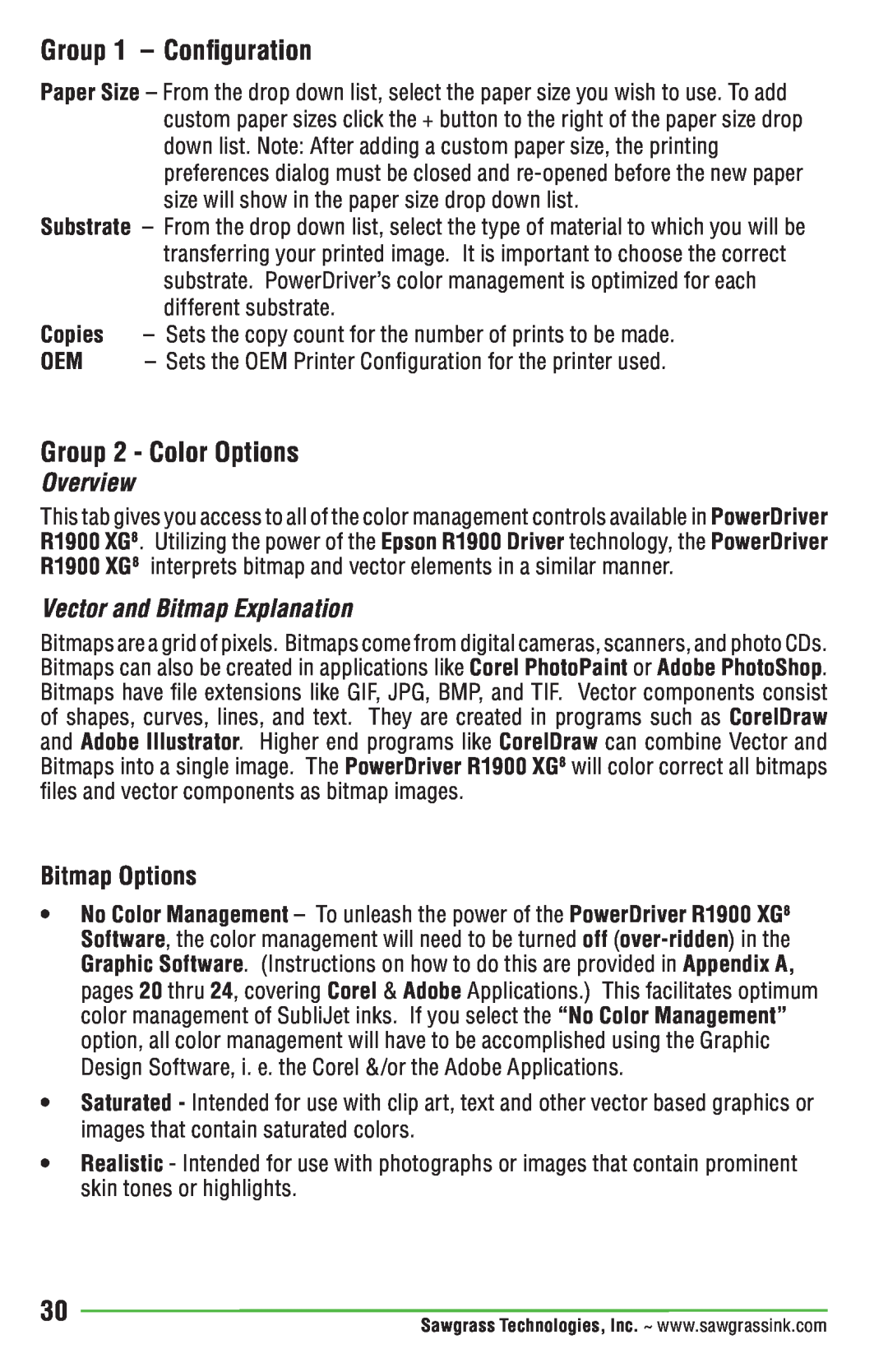 Epson R1900 Group 1 - Configuration, Group 2 - Color Options, Overview, Vector and Bitmap Explanation, Bitmap Options 