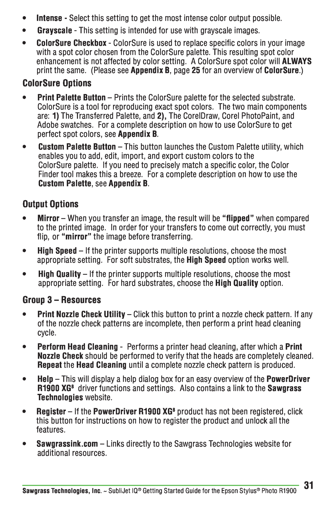 Epson R1900 manual ColorSure Options, Output Options, Group 3 - Resources 