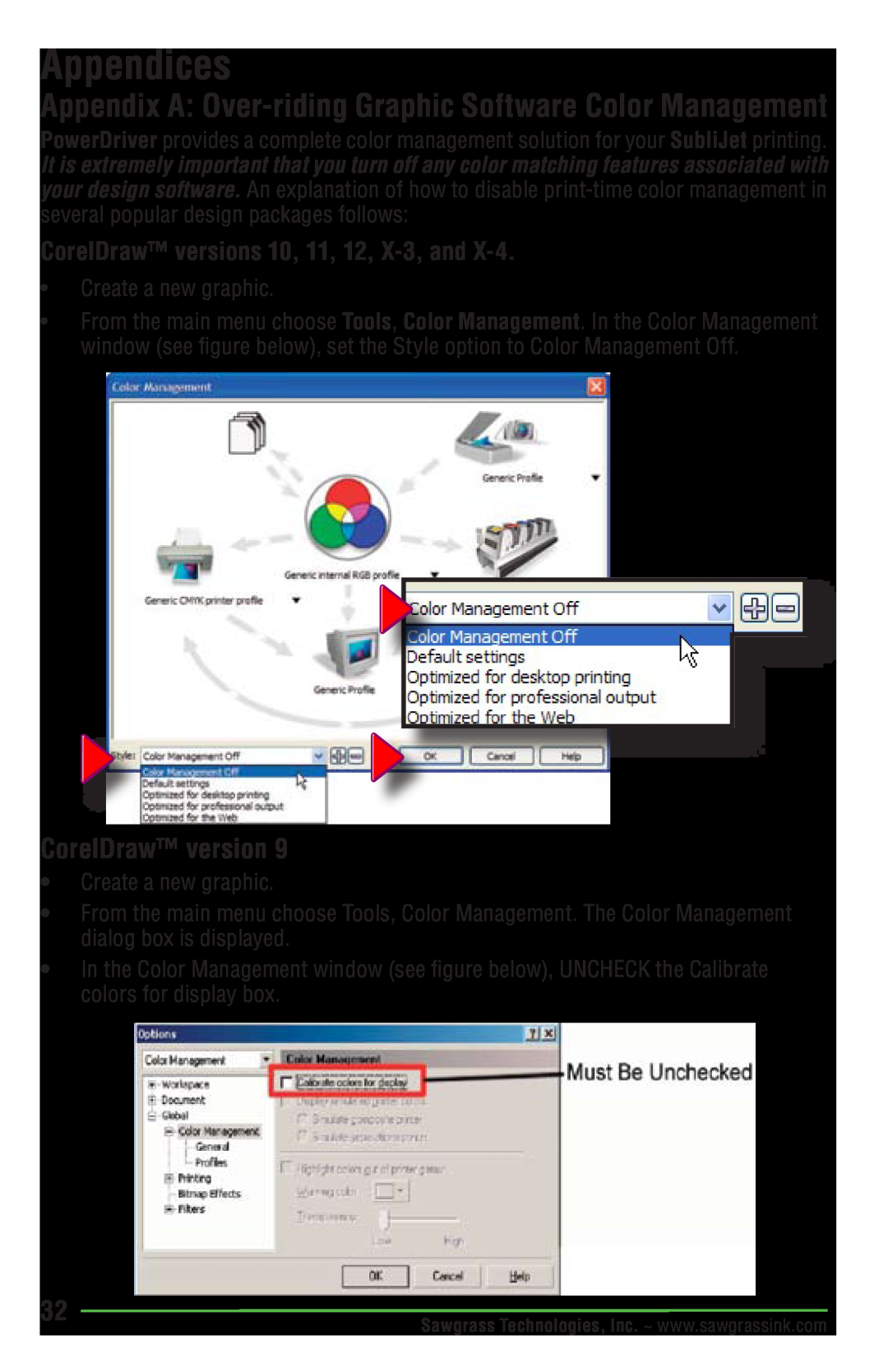 Epson R1900 manual Appendices, CorelDraw version, Appendix A Over-riding Graphic Software Color Management 