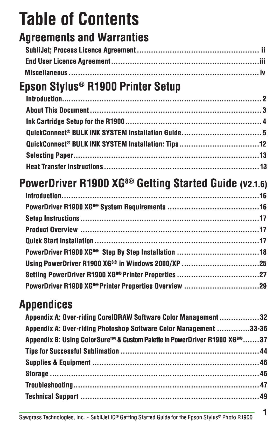 Epson Table of Contents, Agreements and Warranties, Epson Stylus R1900 Printer Setup, Appendices, Miscellaneous, 33-36 