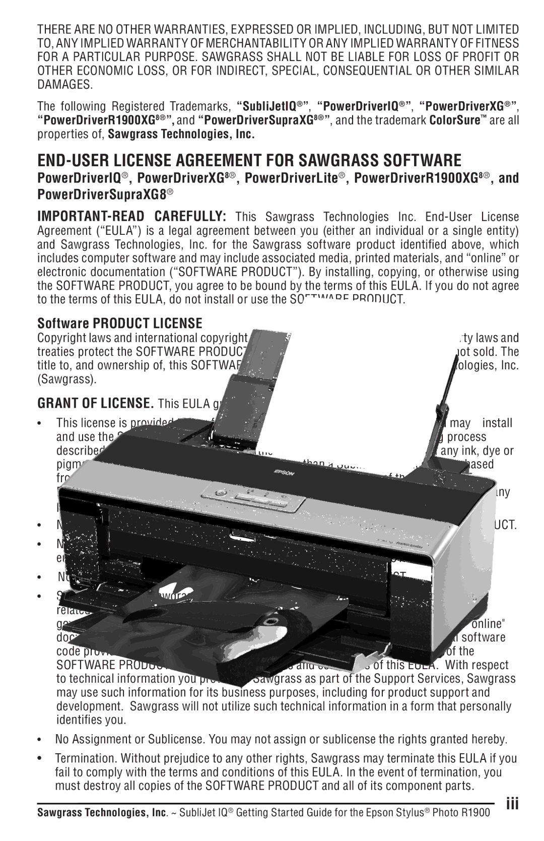 Epson R1900 manual END-USER License Agreement for Sawgrass Software, Software Product License 