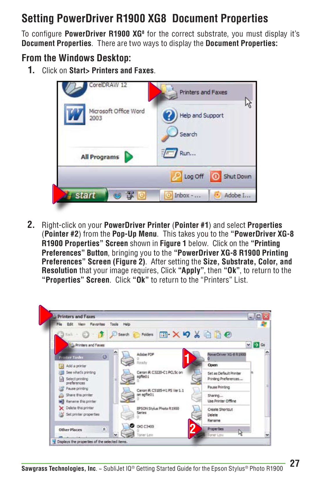 Epson manual Setting PowerDriver R1900 XG8 Document Properties, From the Windows Desktop 