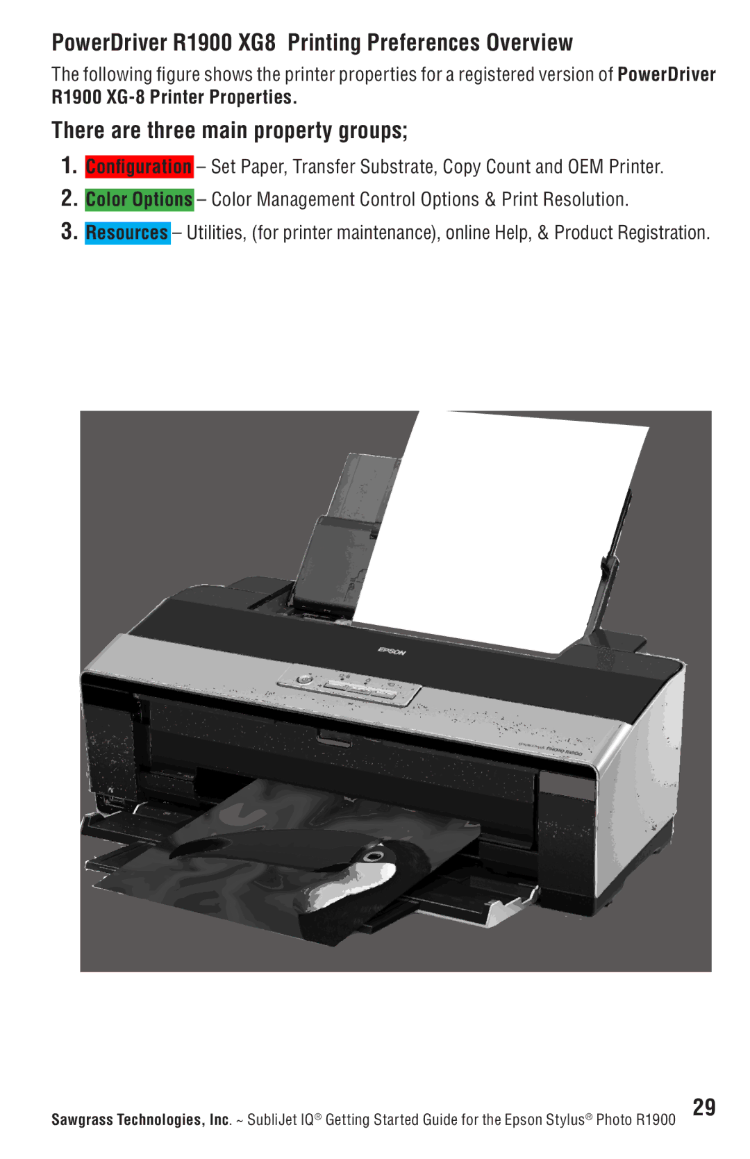 Epson manual PowerDriver R1900 XG8 Printing Preferences Overview, There are three main property groups 