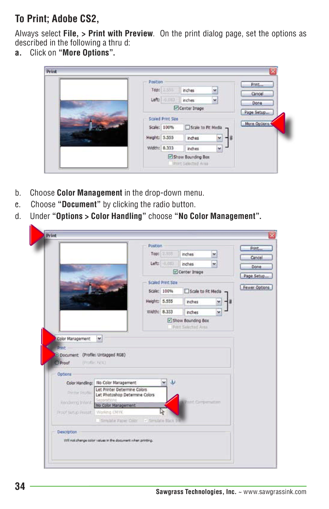 Epson R1900 manual To Print Adobe CS2, Click on More Options, Under Options Color Handling choose No Color Management 