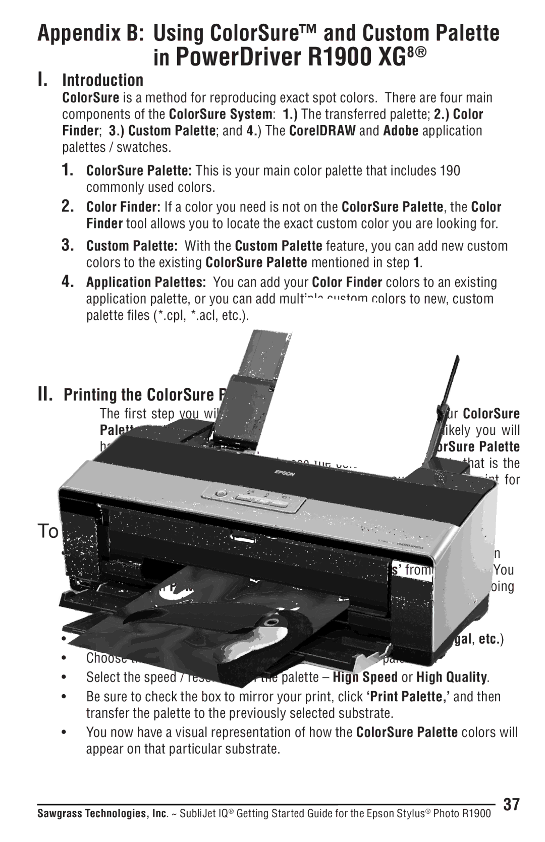 Epson R1900 manual Introduction, II. Printing the ColorSure Palette 