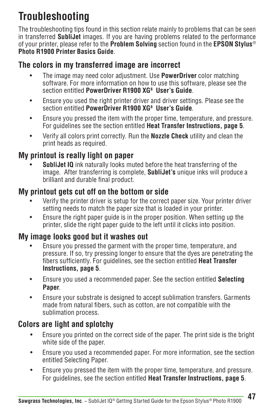 Epson R1900 manual Colors in my transferred image are incorrect, My printout is really light on paper 