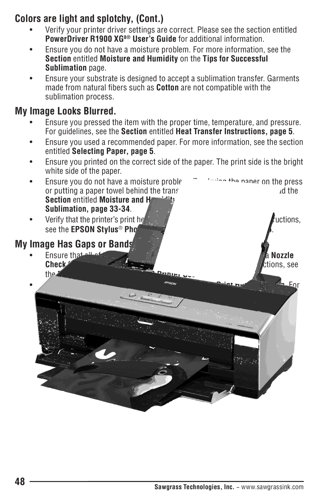 Epson R1900 manual Colors are light and splotchy, My Image Looks Blurred, My Image Has Gaps or Bands Present 