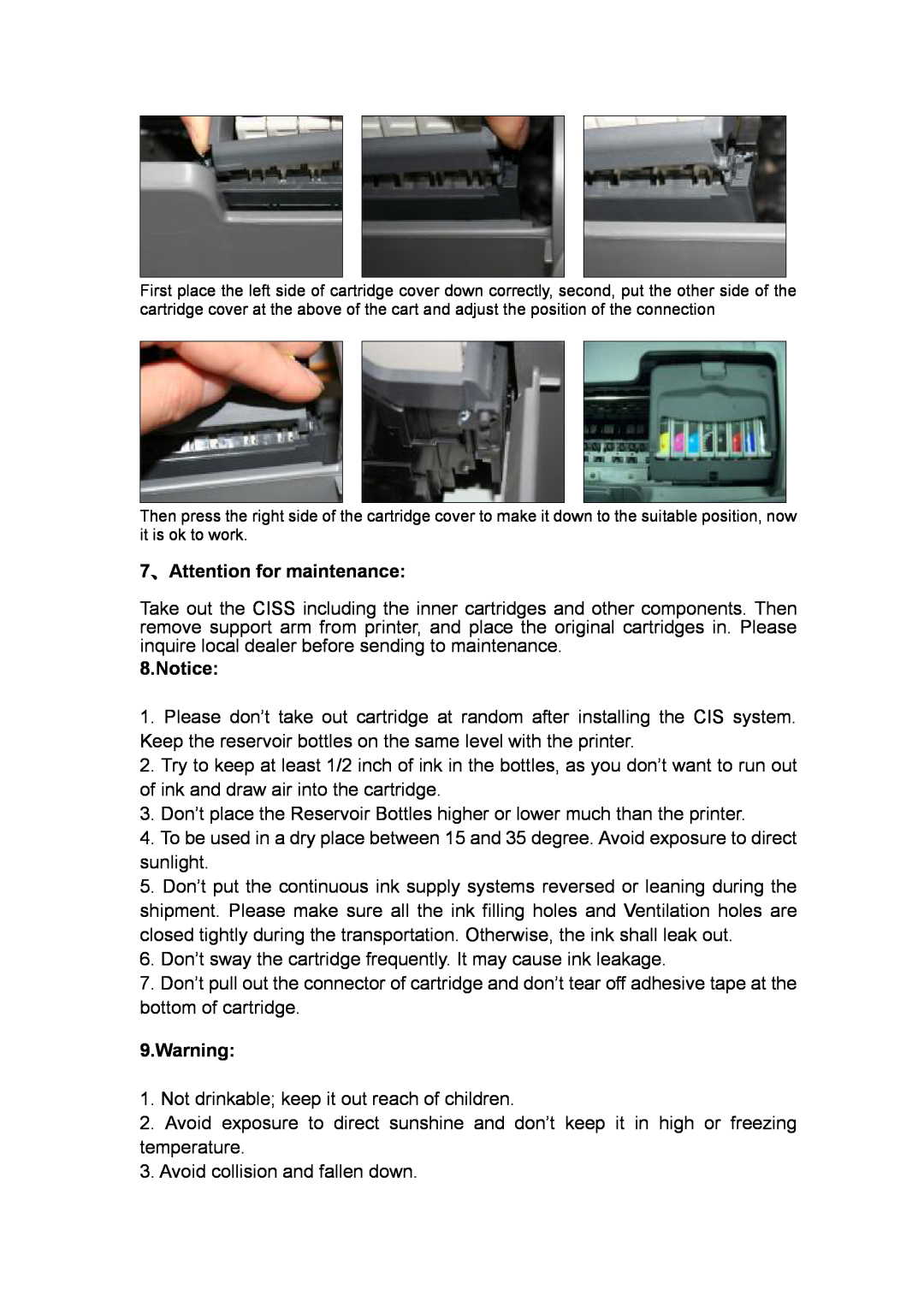 Epson R2400 manual 7、Attention for maintenance, Notice, Warning 