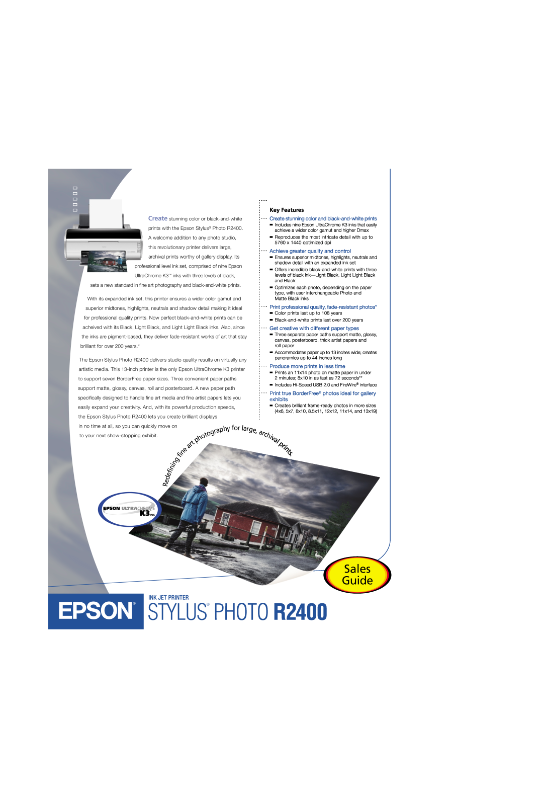 Epson manual STYLUS PHOTO R2400, Sales Guide, Ink Jet Printer, Key Features 