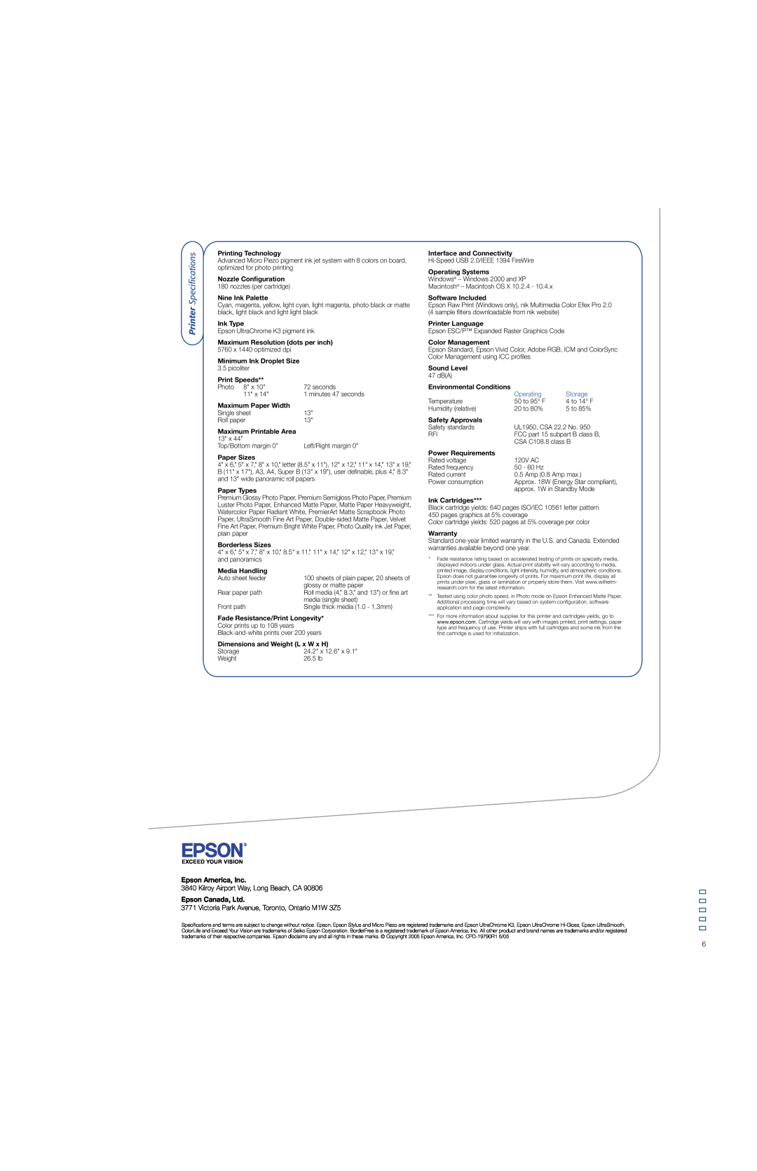Epson R2400 manual Printer Specifications, Epson America, Inc, Operating, Storage 