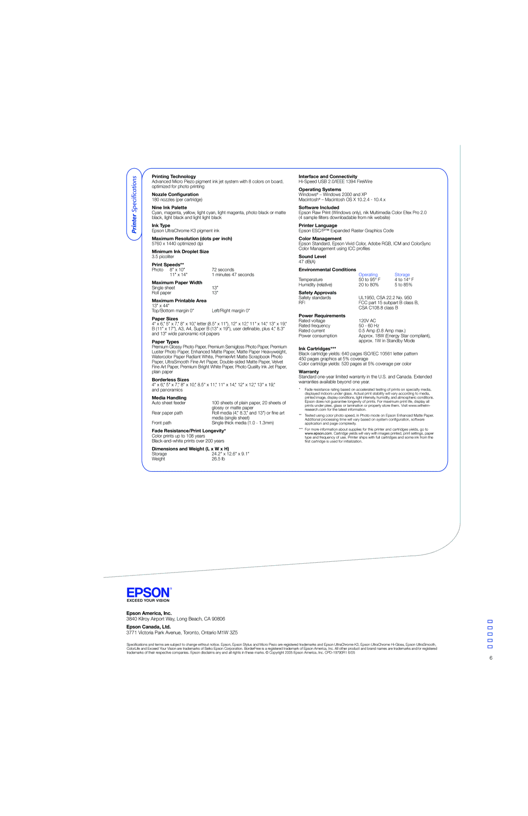 Epson R2400 manual Printing Technology, Nozzle Configuration, Nine Ink Palette, Ink Type, Maximum Resolution dots per inch 