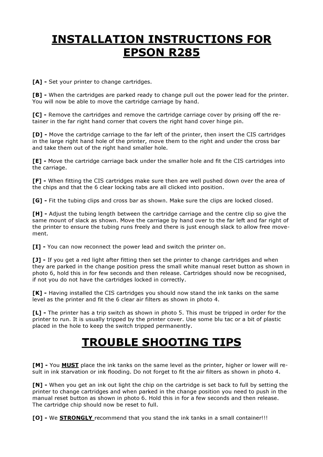 Epson installation instructions Installation Instructions for Epson R285 