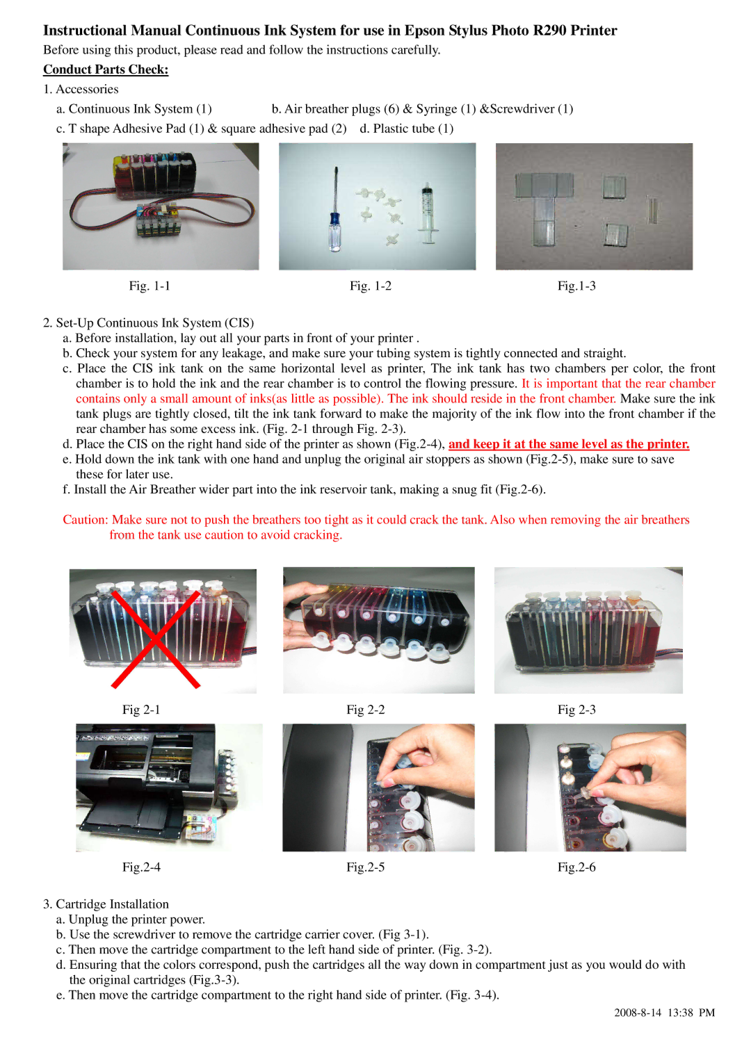 Epson R290 manual Conduct Parts Check 