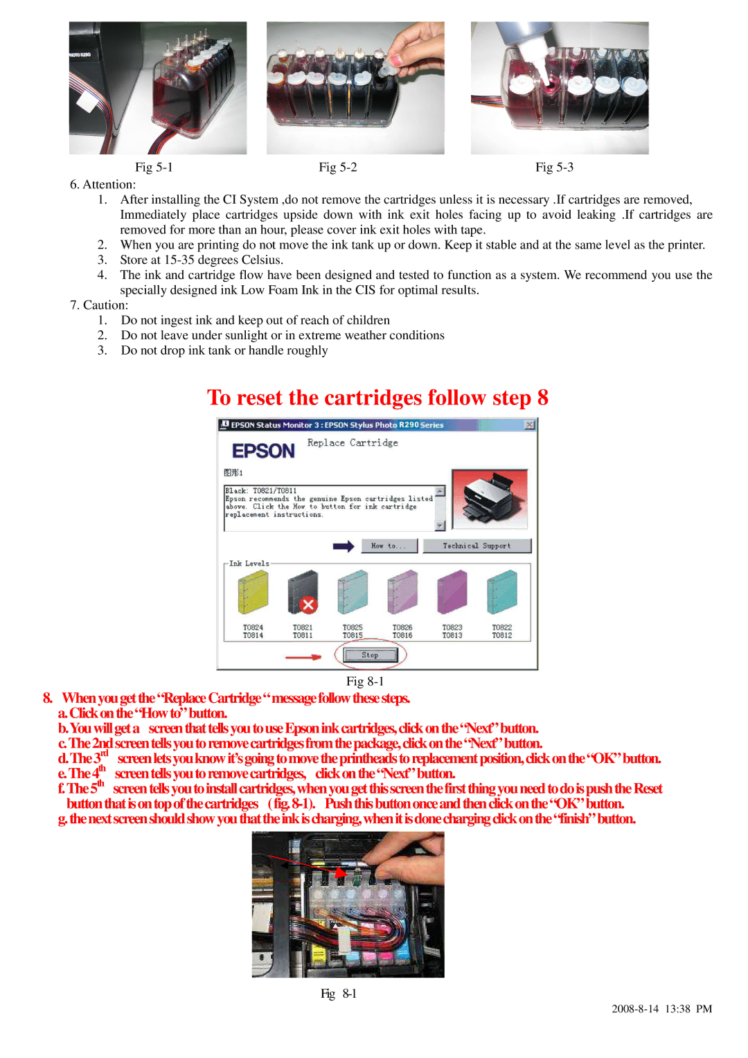 Epson R290 manual To reset the cartridges follow step 