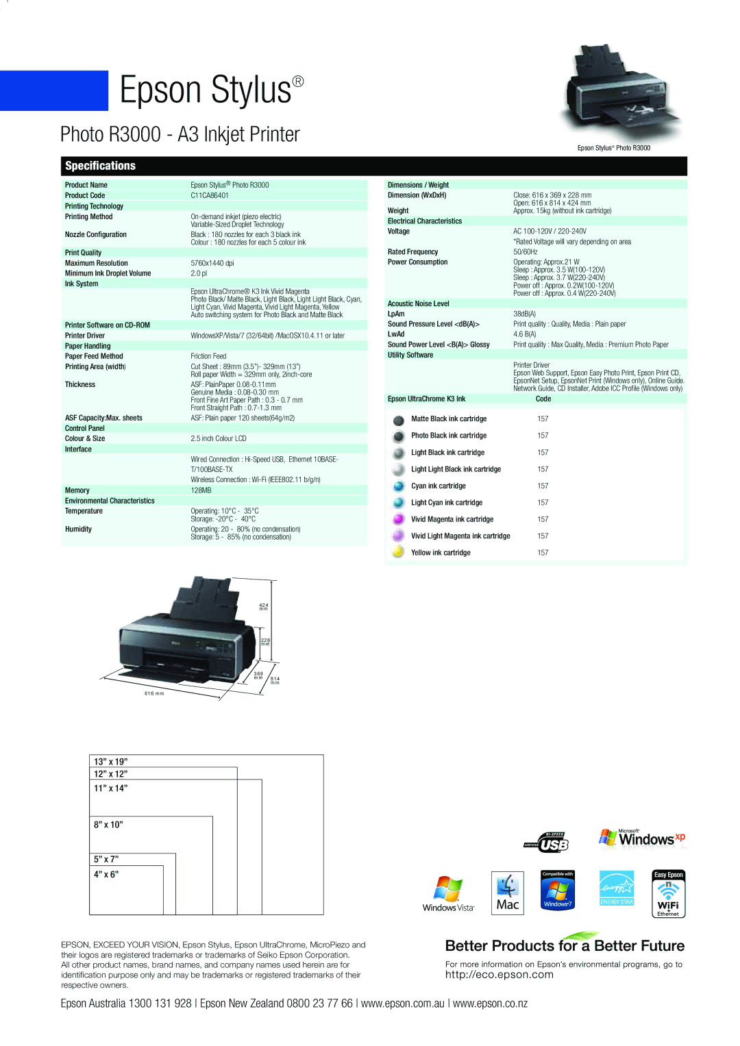 Epson R3000 Light Cyan, Vivid Magenta, Vivid Light Magenta, Yellow, Auto switching system for Photo Black and Matte Black 