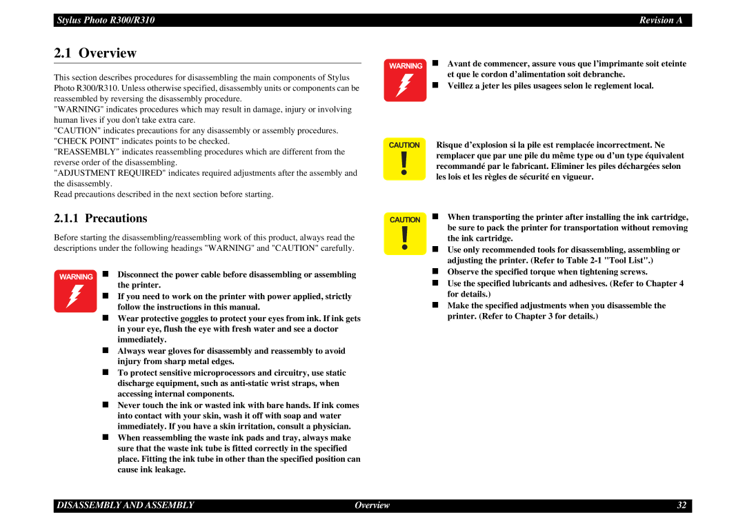 Epson R310 service manual Precautions 