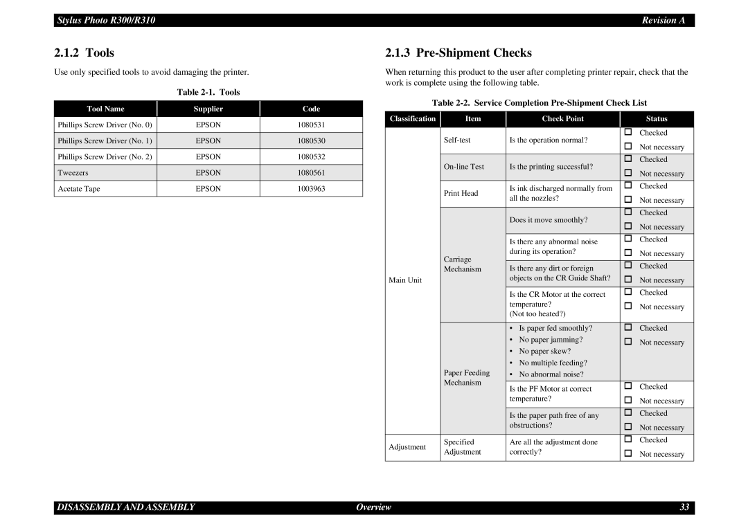 Epson R310 service manual Tools, Pre-Shipment Checks, Service Completion Pre-Shipment Check List 