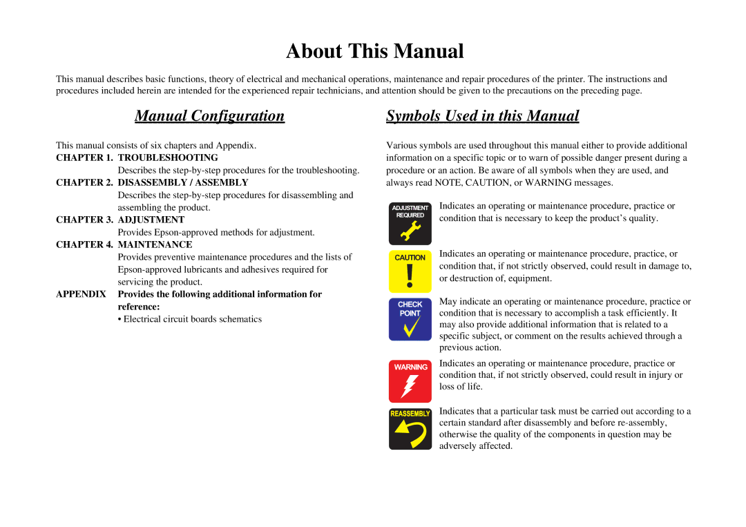 Epson R310 service manual About This Manual 