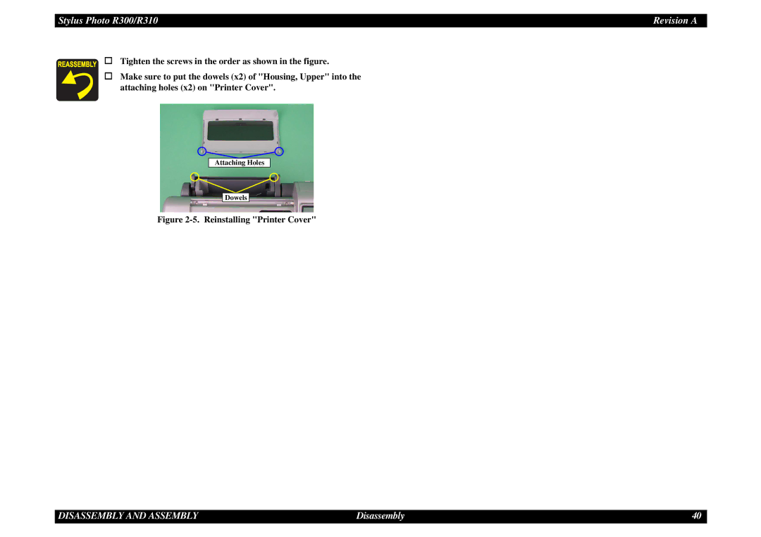 Epson R310 service manual Reinstalling Printer Cover 