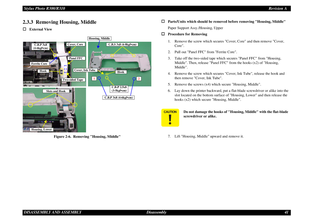 Epson R310 service manual Removing Housing, Middle 