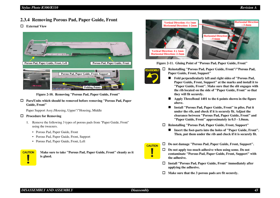 Epson R310 service manual Removing Porous Pad, Paper Guide, Front, Vertical Direction 4 ± 1mm Horizontal Direction 1-2mm 