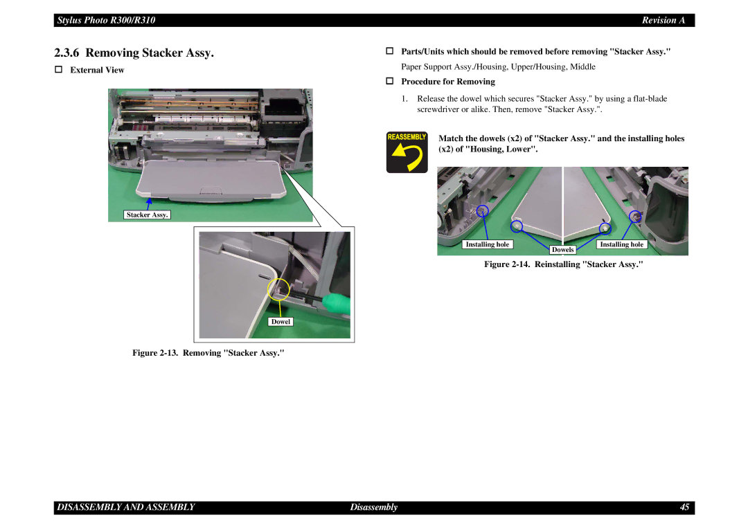 Epson R310 service manual Removing Stacker Assy, Reinstalling Stacker Assy 