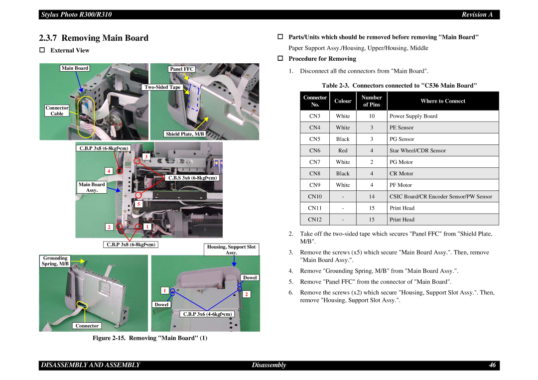 Epson R310 service manual Removing Main Board, Connectors connected to C536 Main Board 