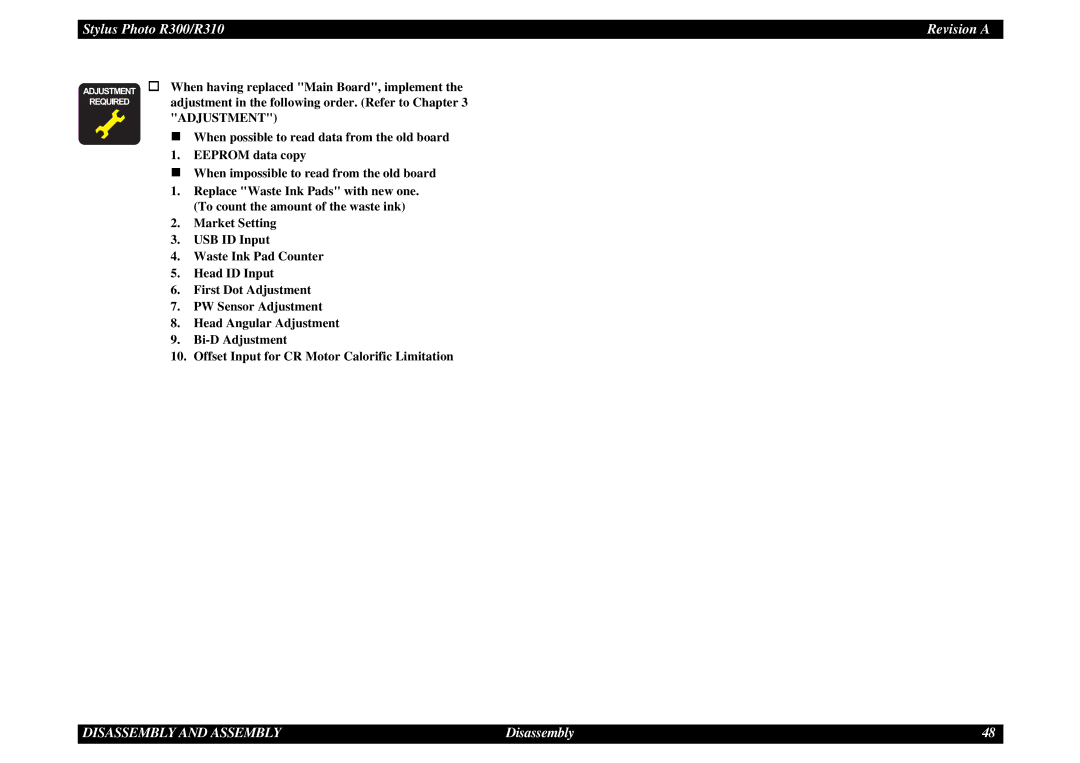 Epson R310 service manual Adjustment † Required 