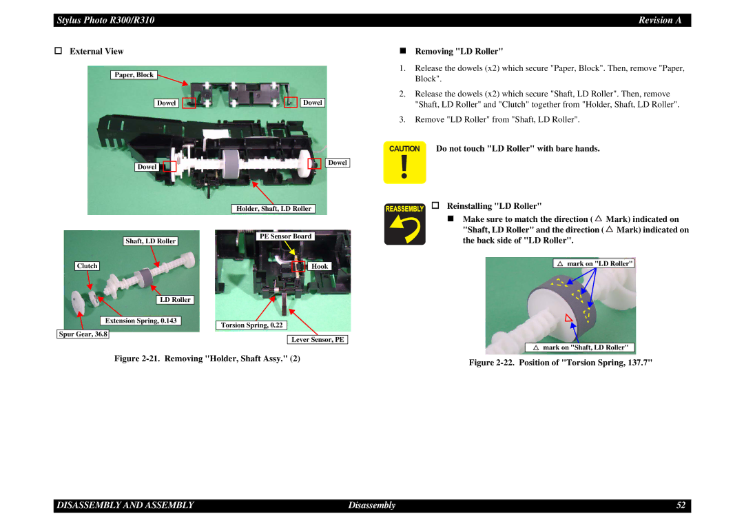 Epson R310 service manual „ Removing LD Roller, † Reinstalling LD Roller 