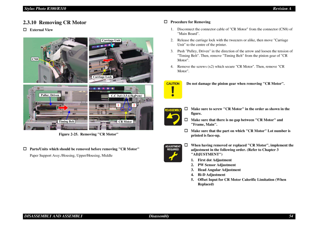 Epson R310 service manual Removing CR Motor, † Procedure for Removing 