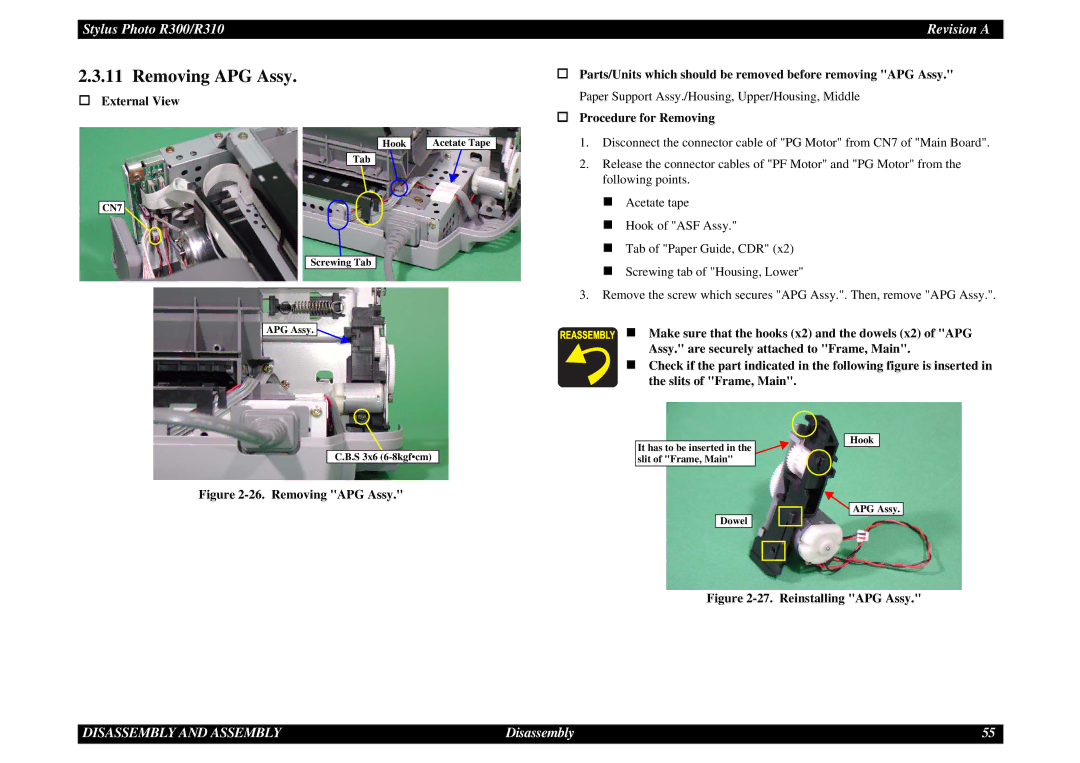 Epson R310 service manual Removing APG Assy 