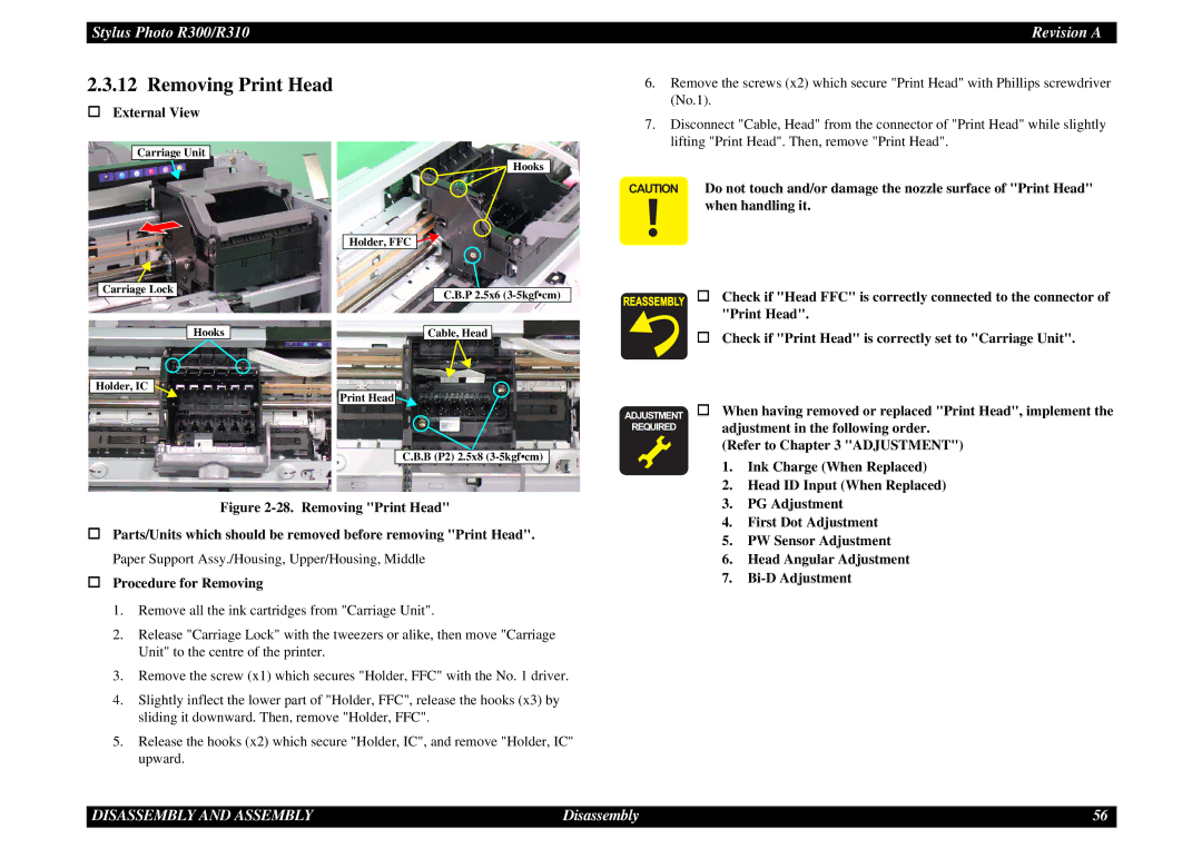 Epson R310 service manual Removing Print Head, PG Adjustment 