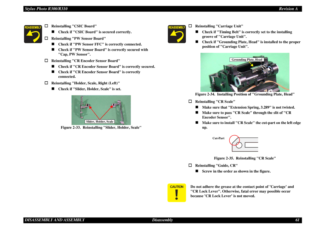 Epson R310 service manual Slider, Holder, Scale 