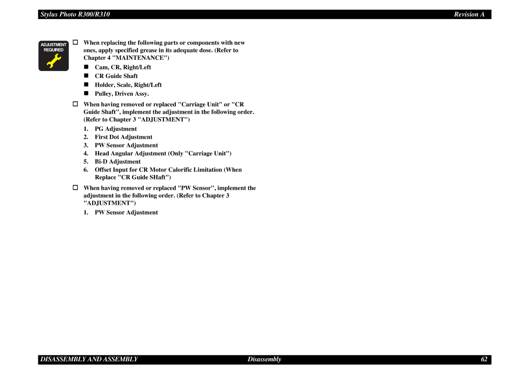 Epson R310 service manual Adjustment † Required 