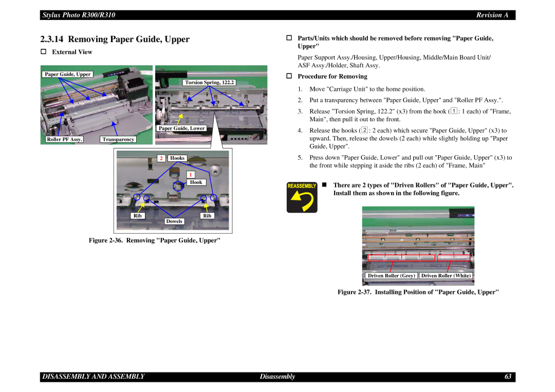 Epson R310 service manual Removing Paper Guide, Upper 