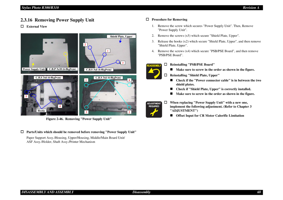 Epson R310 service manual Removing Power Supply Unit, † Procedure for Removing 