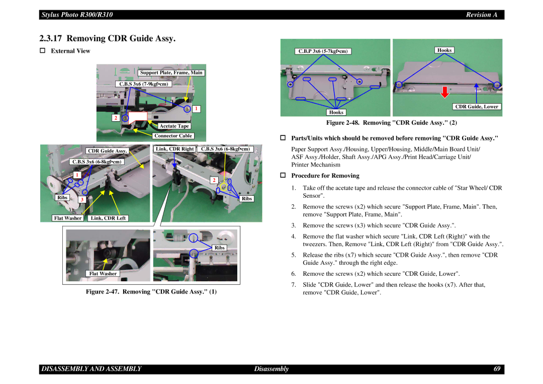 Epson R310 service manual Removing CDR Guide Assy 