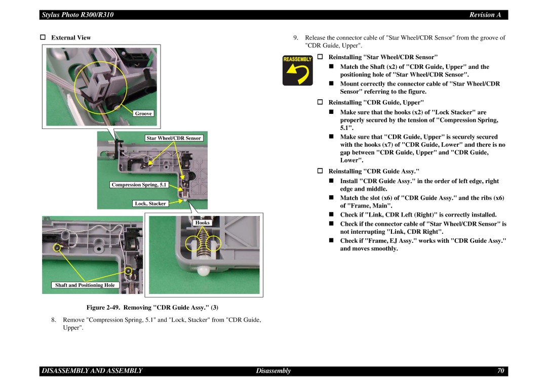 Epson R310 service manual Removing CDR Guide Assy 