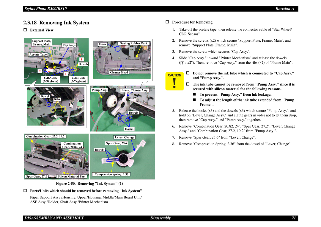 Epson R310 service manual Removing Ink System, † External View † Procedure for Removing, Pump Assy 