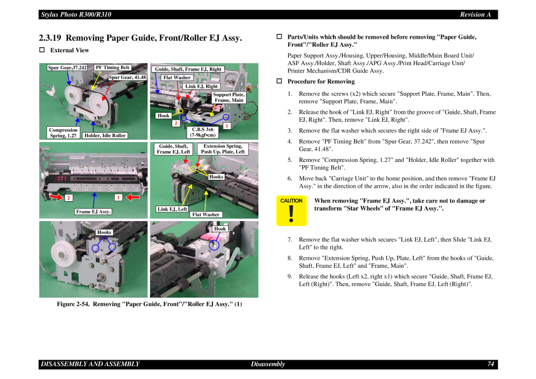 Epson R310 service manual Removing Paper Guide, Front/Roller EJ Assy, Transform Star Wheels of Frame EJ Assy 