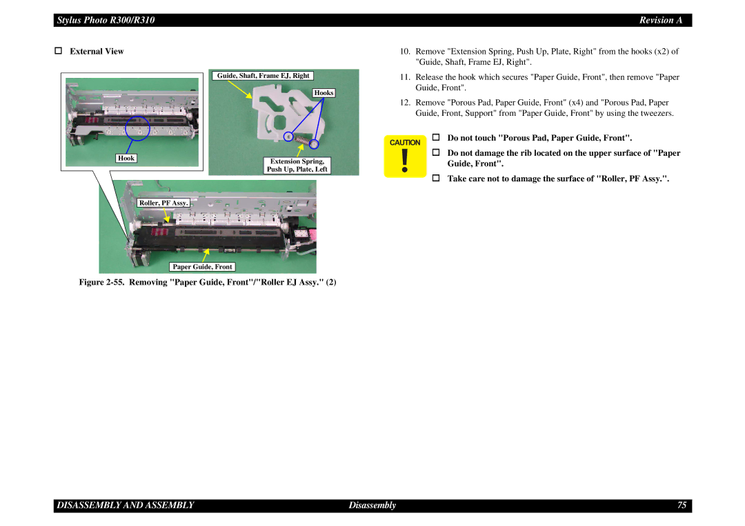 Epson R310 service manual Removing Paper Guide, Front/Roller EJ Assy 