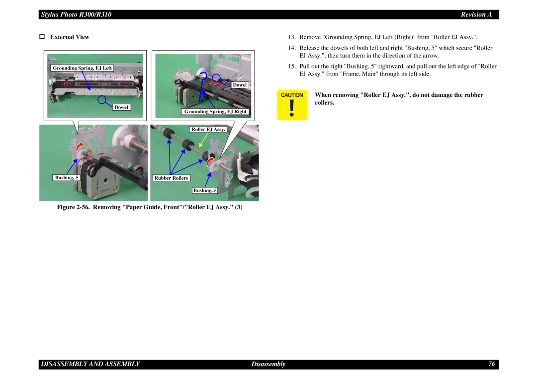 Epson R310 service manual Removing Paper Guide, Front/Roller EJ Assy 