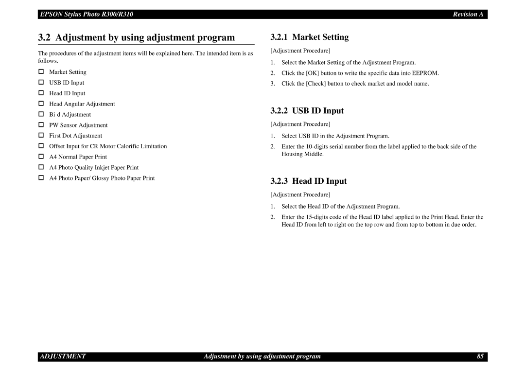 Epson R310 service manual Market Setting, USB ID Input, Head ID Input 
