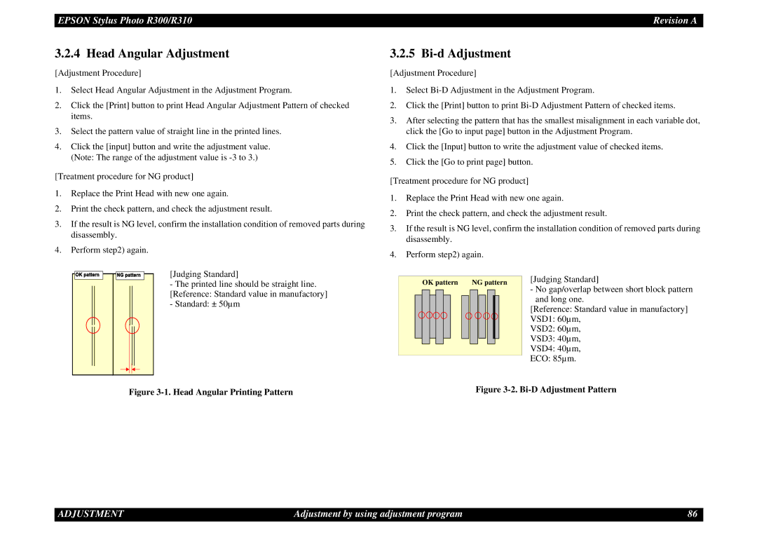 Epson R310 service manual Head Angular Adjustment, Bi-d Adjustment 